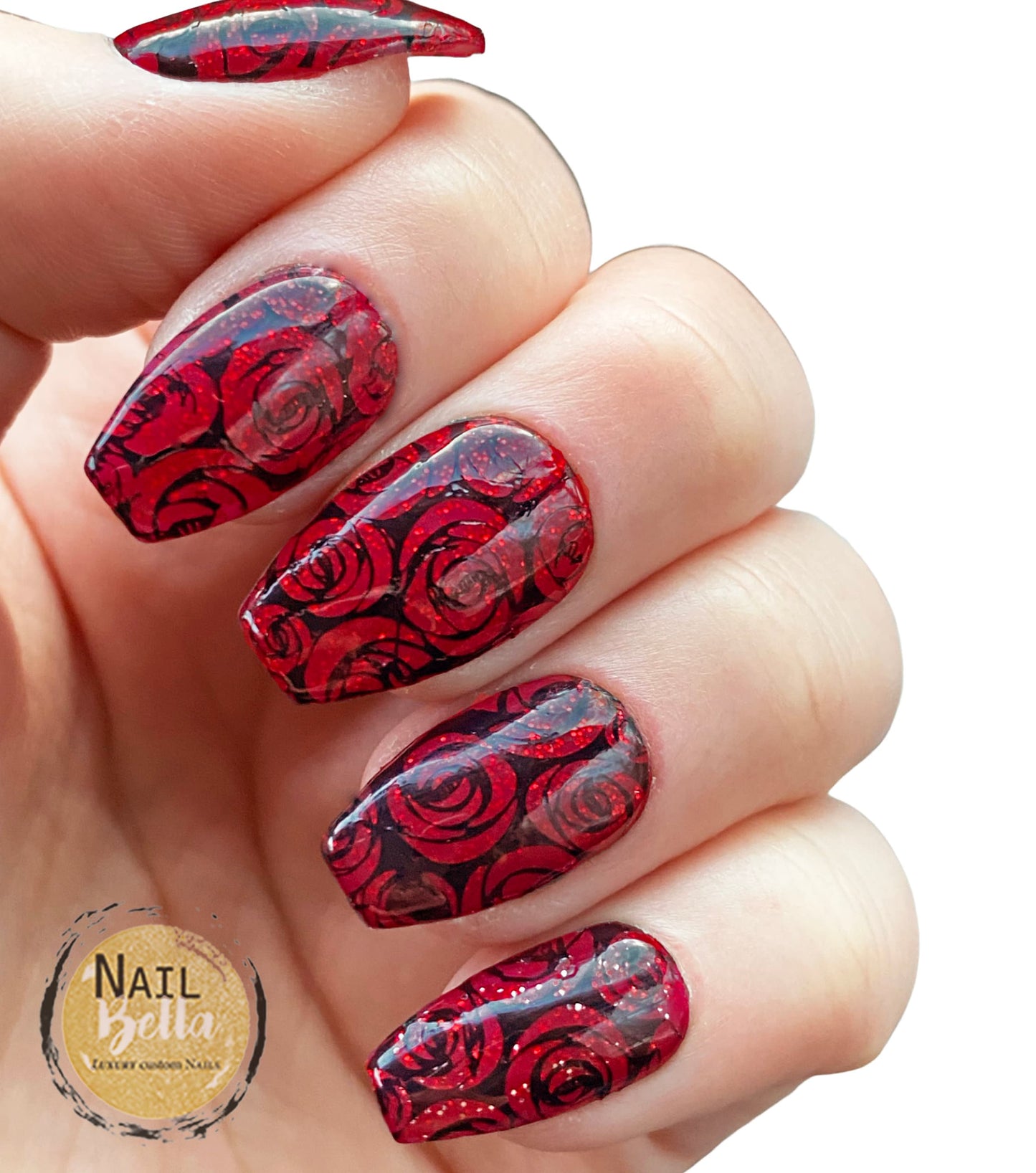 Custom Handmade Press-On Nails – Black with Red Roses | Unique, Durable & Trendy Nail Art