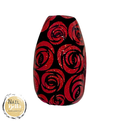 Custom Handmade Press-On Nails – Black with Red Roses | Unique, Durable & Trendy Nail Art